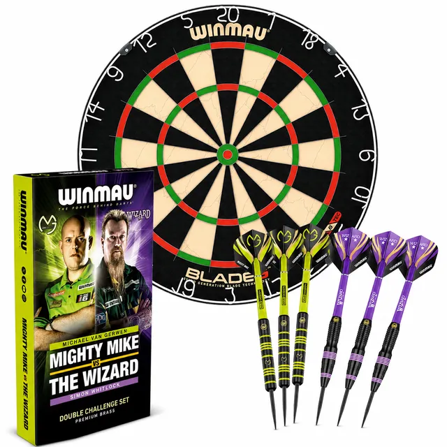 winmau-beginner-set-cible-blade-6-fl-chettes-mvg-vs-the-wizard-laiton image 1